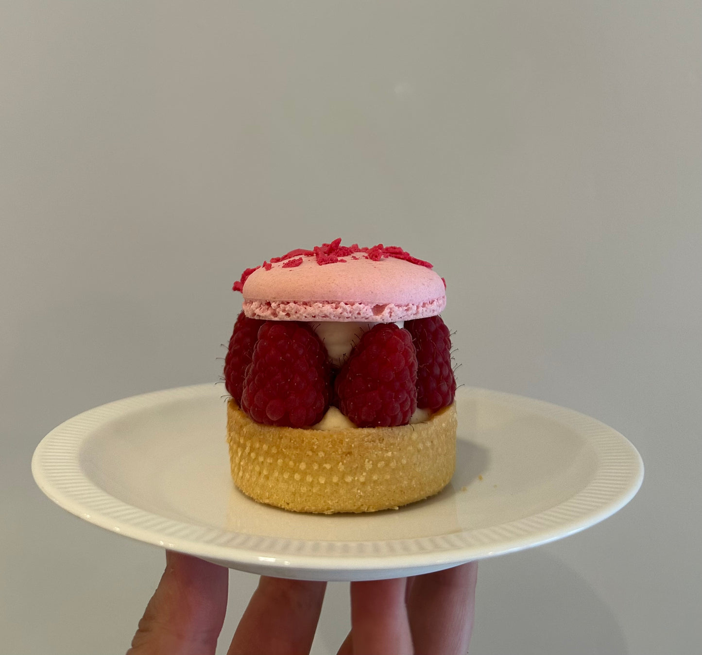 Framboos vanille macarontaartje